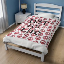 Load image into Gallery viewer, White Velveteen Plush Blanket with Red DST Crest and Black DST for Life Theme