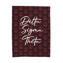 Load image into Gallery viewer, Black Velveteen Plush Blanket Red DST Crest and White Delta Sigma Theta Theme