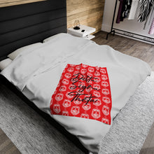 Load image into Gallery viewer, Red Velveteen Plush Blanket White DST Crest and Black Delta Sigma Theta Theme
