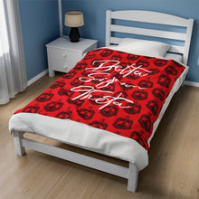 Load image into Gallery viewer, Red Velveteen Plush Blanket with Black DST Crest and White Delta Sigma Theta Theme