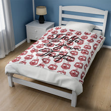 Load image into Gallery viewer, White Velveteen Plush Blanket with Red DST Crest and Black Delta Sigma Theta Theme