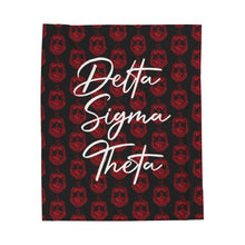 Load image into Gallery viewer, Black Velveteen Plush Blanket Red DST Crest and White Delta Sigma Theta Theme