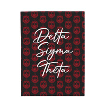 Load image into Gallery viewer, Black Velveteen Plush Blanket Red DST Crest and White Delta Sigma Theta Theme