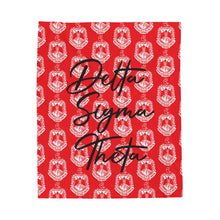 Load image into Gallery viewer, Red Velveteen Plush Blanket White DST Crest and Black Delta Sigma Theta Theme