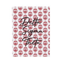 Load image into Gallery viewer, White Velveteen Plush Blanket with Red DST Crest and Black Delta Sigma Theta Theme