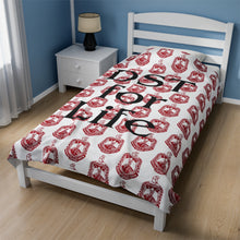 Load image into Gallery viewer, White Velveteen Plush Blanket with Red DST Crest and Black DST for Life Theme