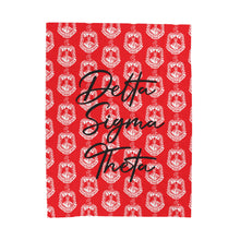 Load image into Gallery viewer, Red Velveteen Plush Blanket White DST Crest and Black Delta Sigma Theta Theme