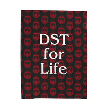 Load image into Gallery viewer, Black Velveteen Plush Blanket Red DST Crest and White DST for Life Theme