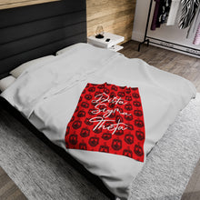 Load image into Gallery viewer, Red Velveteen Plush Blanket with Black DST Crest and White Delta Sigma Theta Theme