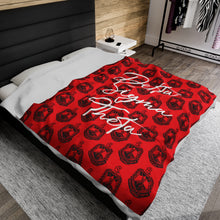 Load image into Gallery viewer, Red Velveteen Plush Blanket with Black DST Crest and White Delta Sigma Theta Theme
