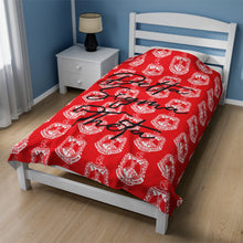 Load image into Gallery viewer, Red Velveteen Plush Blanket White DST Crest and Black Delta Sigma Theta Theme