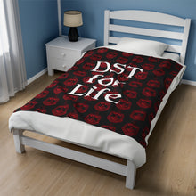 Load image into Gallery viewer, Black Velveteen Plush Blanket Red DST Crest and White DST for Life Theme