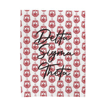 Load image into Gallery viewer, White Velveteen Plush Blanket with Red DST Crest and Black Delta Sigma Theta Theme