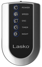 Load image into Gallery viewer, Lasko Oscillating Tower Fan, Quiet Fans with Remote, for Bedroom, Living Room, Office, Tower Fan with Remote, 3-Speed Timer, 42”, Silver T42951