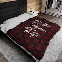 Load image into Gallery viewer, Black Velveteen Plush Blanket Red DST Crest and White Delta Sigma Theta Theme