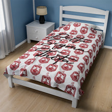 Load image into Gallery viewer, White Velveteen Plush Blanket with Red DST Crest and Black Delta Sigma Theta Theme