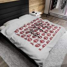Load image into Gallery viewer, White Velveteen Plush Blanket with Red DST Crest and Black Delta Sigma Theta Theme