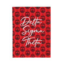 Load image into Gallery viewer, Red Velveteen Plush Blanket with Black DST Crest and White Delta Sigma Theta Theme