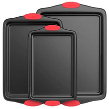 Load image into Gallery viewer, NutriChef 3-Piece Nonstick Kitchen Oven Baking Pans - Premium & Stylish Non-Stick Steel, Commercial Grade Restaurant Quality Metal Bakeware with Red Silicone Handles - Easy to Clean, NCSBS3S