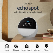 Load image into Gallery viewer, All-new Amazon Echo Spot (2024 release), Smart alarm clock with vibrant sound + Alexa, Glacier White