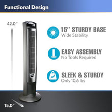 Load image into Gallery viewer, Lasko Oscillating Tower Fan, Quiet Fans with Remote, for Bedroom, Living Room, Office, Tower Fan with Remote, 3-Speed Timer, 42”, Silver T42951