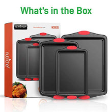 Load image into Gallery viewer, NutriChef 3-Piece Nonstick Kitchen Oven Baking Pans - Premium & Stylish Non-Stick Steel, Commercial Grade Restaurant Quality Metal Bakeware with Red Silicone Handles - Easy to Clean, NCSBS3S
