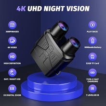 Load image into Gallery viewer, HEXEUM Night Vision Goggles - 4K Night Vision Binoculars for Adults, 3'' HD Screen Binoculars can Save Photo and Video with 32GB TF Card, Black