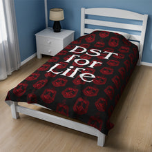 Load image into Gallery viewer, Black Velveteen Plush Blanket Red DST Crest and White DST for Life Theme