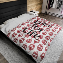 Load image into Gallery viewer, White Velveteen Plush Blanket with Red DST Crest and Black DST for Life Theme
