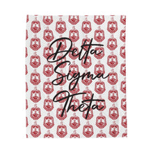 Load image into Gallery viewer, White Velveteen Plush Blanket with Red DST Crest and Black Delta Sigma Theta Theme