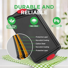 Load image into Gallery viewer, NutriChef 3-Piece Nonstick Kitchen Oven Baking Pans - Premium & Stylish Non-Stick Steel, Commercial Grade Restaurant Quality Metal Bakeware with Red Silicone Handles - Easy to Clean, NCSBS3S