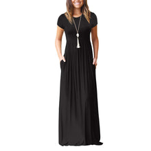 Load image into Gallery viewer, AUOMITH Women’s Black Short Sleeve Flowy Pleated A-Line Maxi Casual Empire Waist Vacation Long Black Dress with Pockets(Black, L)