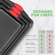 Load image into Gallery viewer, NutriChef 3-Piece Nonstick Kitchen Oven Baking Pans - Premium & Stylish Non-Stick Steel, Commercial Grade Restaurant Quality Metal Bakeware with Red Silicone Handles - Easy to Clean, NCSBS3S