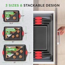 Load image into Gallery viewer, NutriChef 3-Piece Nonstick Kitchen Oven Baking Pans - Premium & Stylish Non-Stick Steel, Commercial Grade Restaurant Quality Metal Bakeware with Red Silicone Handles - Easy to Clean, NCSBS3S