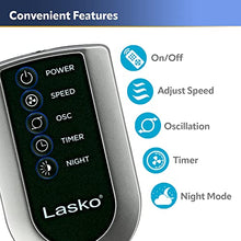 Load image into Gallery viewer, Lasko Oscillating Tower Fan, Quiet Fans with Remote, for Bedroom, Living Room, Office, Tower Fan with Remote, 3-Speed Timer, 42”, Silver T42951