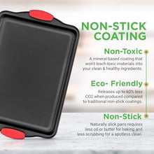 Load image into Gallery viewer, NutriChef 3-Piece Nonstick Kitchen Oven Baking Pans - Premium & Stylish Non-Stick Steel, Commercial Grade Restaurant Quality Metal Bakeware with Red Silicone Handles - Easy to Clean, NCSBS3S