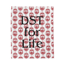 Load image into Gallery viewer, White Velveteen Plush Blanket with Red DST Crest and Black DST for Life Theme