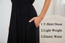 Load image into Gallery viewer, AUOMITH Women’s Black Short Sleeve Flowy Pleated A-Line Maxi Casual Empire Waist Vacation Long Black Dress with Pockets(Black, L)