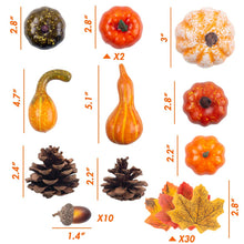Load image into Gallery viewer, DomeStar 50 PCS Thanksgiving Artificial Pumpkins and Gourds Set Fall Decorations for Home, 8 PCS Fake Pumpkins, 12 PCS Pinecones and Acorns, 30 PCS Fake Maple Leaves Fall Wedding Tables Centerpieces