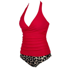 Load image into Gallery viewer, SUUKSESS Women Sexy Halter Tankini Bathing Suits Slimming Tummy Control High Waisted Swimsuits 2 Piece (Red Leopard, L)
