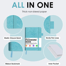 Load image into Gallery viewer, Elegant Password Book with Alphabetical Tabs - Hardcover Password Book for Internet Website Address Login - 5.2" x 7.6" Password Keeper and Organizer w/Notes Section & Back Pocket (Turquoise)