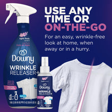 Load image into Gallery viewer, Downy Wrinkle Releaser Spray, Travel Size Spray + 16.9 Fl Oz Pack of 2, All In One Formula, Removes Wrinkles, Static and Odors, Light Fresh Scent