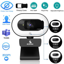 Load image into Gallery viewer, NexiGo StreamCam N930E with Software, 1080P Webcam with Ring Light and Privacy Cover, Auto-Focus, Plug and Play, Web Camera for Online Learning, Zoom Meeting Skype Teams, PC Mac Laptop Desktop