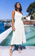 Load image into Gallery viewer, MEROKEETY Women's Summer One Shoulder Sleeveless Knot Smocked Midi Dress Split Tiered Flowy Dresses,White,L