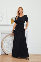 Load image into Gallery viewer, AUOMITH Women’s Black Short Sleeve Flowy Pleated A-Line Maxi Casual Empire Waist Vacation Long Black Dress with Pockets(Black, L)
