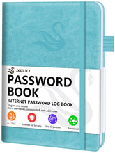 Load image into Gallery viewer, Elegant Password Book with Alphabetical Tabs - Hardcover Password Book for Internet Website Address Login - 5.2" x 7.6" Password Keeper and Organizer w/Notes Section & Back Pocket (Turquoise)