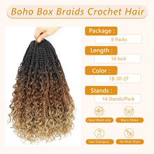 Load image into Gallery viewer, 8 Packs Crochet Box Braids-14 Inch Boho Box Braids Crochet Braids Hair Bohomian Box Braid Crochet Hair Synthetic Braiding Hair Goddess Box Braids Crochet Hair for Black Women (1B/30/27)