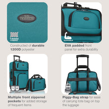 Load image into Gallery viewer, U.S. Traveler Rio Fabric Expandable Carry-on Luggage, Rolling Suitcase, Teal, 2 Wheel Set