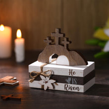 Load image into Gallery viewer, Ferraycle 4 Pcs Easter Table Decor He is Risen Wooden Sign Happy Easter Farmhouse Cross Wooden Block Decorative Book Tiered Tray Decor Religious Rustic Spring Decoration for Fireplace Living Room