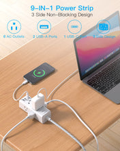 Load image into Gallery viewer, Power Strip Surge Protector - 6 Widely Outlets with 3 USB Ports (1 USB C), 3-Side Outlet Extender Strip, 5 Ft Extension Cord Flat Plug, Wall Mount Small Power Strip for Travel Home Office College Dorm